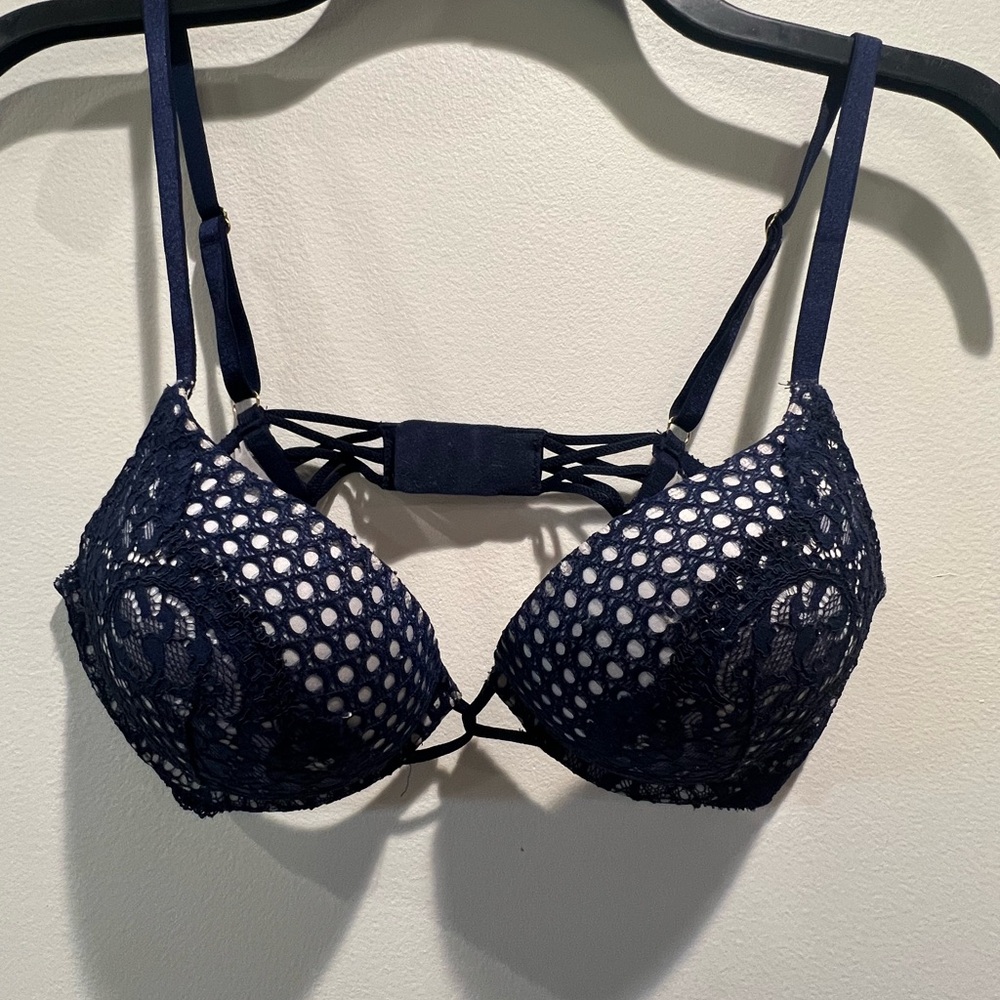 Navy Lace Push-Up Bra with Strappy Back